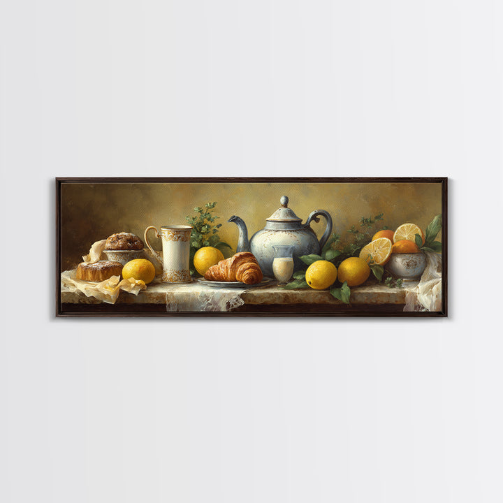 Coffee Pot and Croissant Morning Still Life Framed Canvas Print, Kitchen Art, Kitchen, Kitchen Decor, Oil Painting, Kitchen, KIT-3x1-47