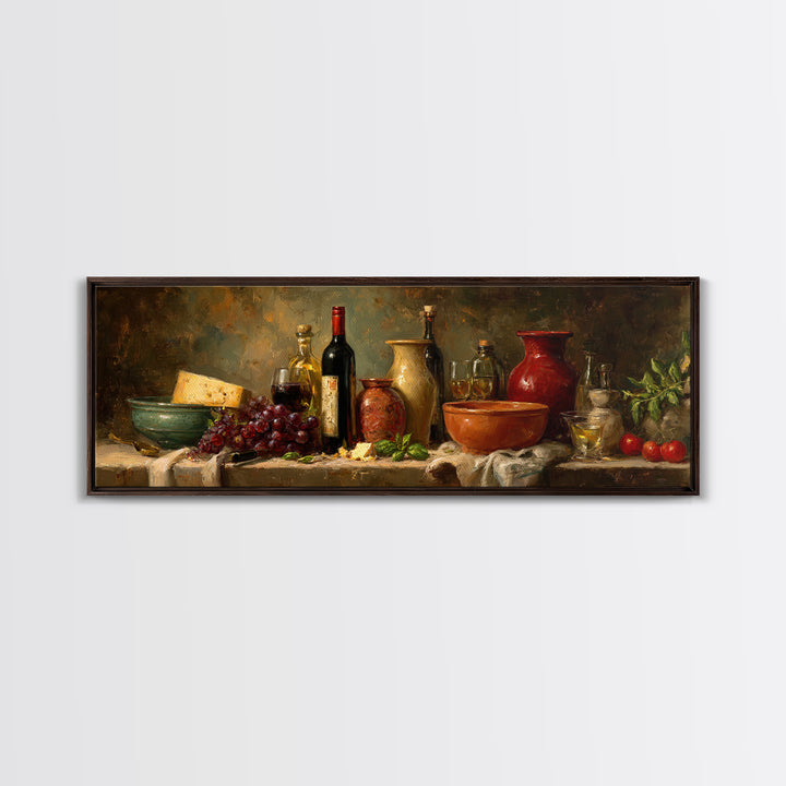 Wine Bottle Grapes and Cheese Still Life Framed Canvas Print, Kitchen Art, Room Decor, Kitchen Decor, Abstract Art, Kitchen, KIT-3x1-52
