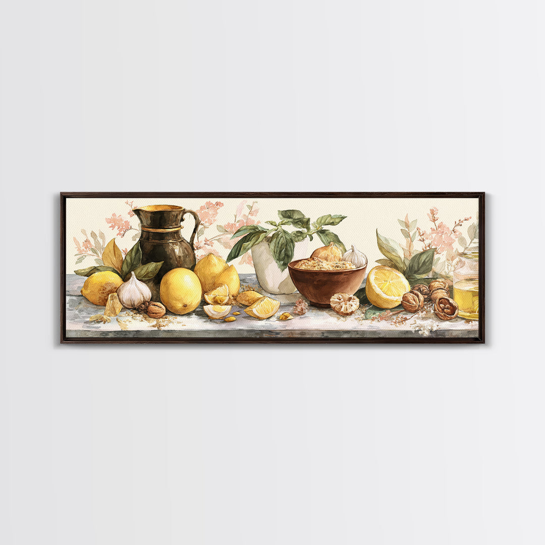 Pasta Lemons and Basil Mediterranean Still Life Framed Canvas Print, Kitchen Art, Coffee Art, Kitchen Decor, Fine Art, Kitchen, KIT-3x1-57