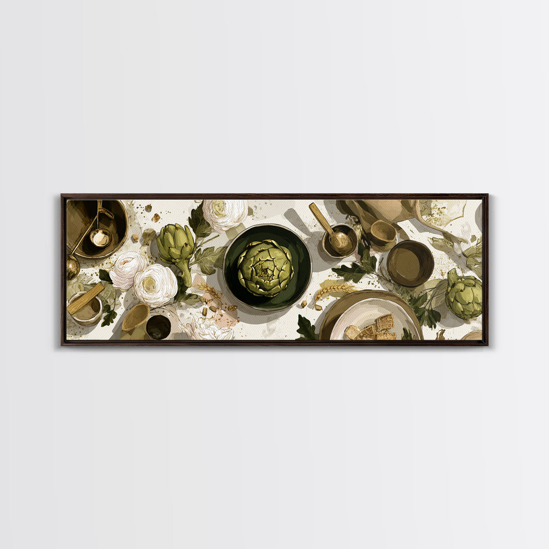 Artichoke Closeup in Painterly Green Tones Framed Canvas Print, Kitchen Art, Boho Decor, Kitchen Decor, Fine Art, Kitchen, KIT-3x1-60