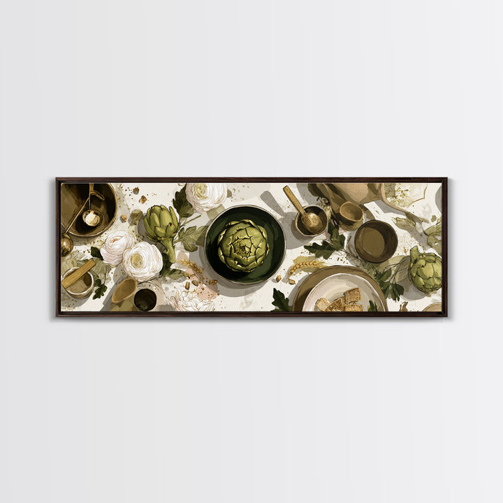 Artichoke Closeup in Painterly Green Tones Framed Canvas Print, Kitchen Art, Boho Decor, Kitchen Decor, Fine Art, Kitchen, KIT-3x1-60
