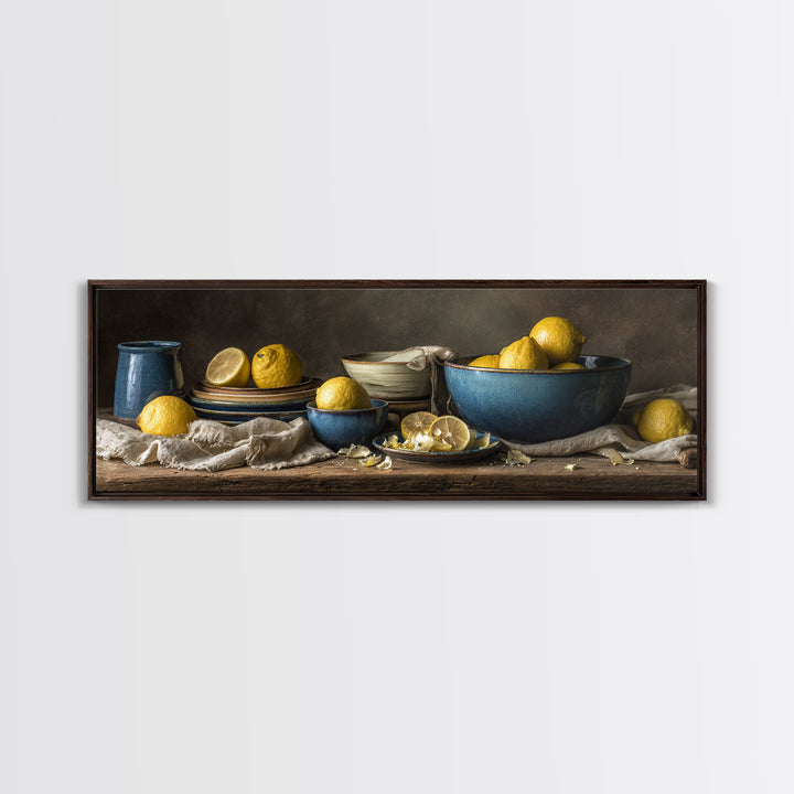 Lemons and Blue Ceramic Bowl Still Life Canvas Print, Kitchen Art, Printable Art, Kitchen Decor, Kitchen, Coffee Wall Art, KIT-3x1-66