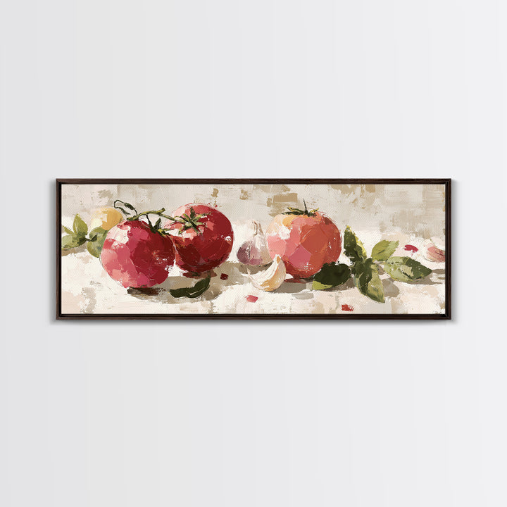 Tomatoes Garlic and Basil on Linen Framed Canvas Print, Kitchen Art, Digital Art, Kitchen Decor, Kitchen, Minimalist Wall Art, KIT-3x1-67