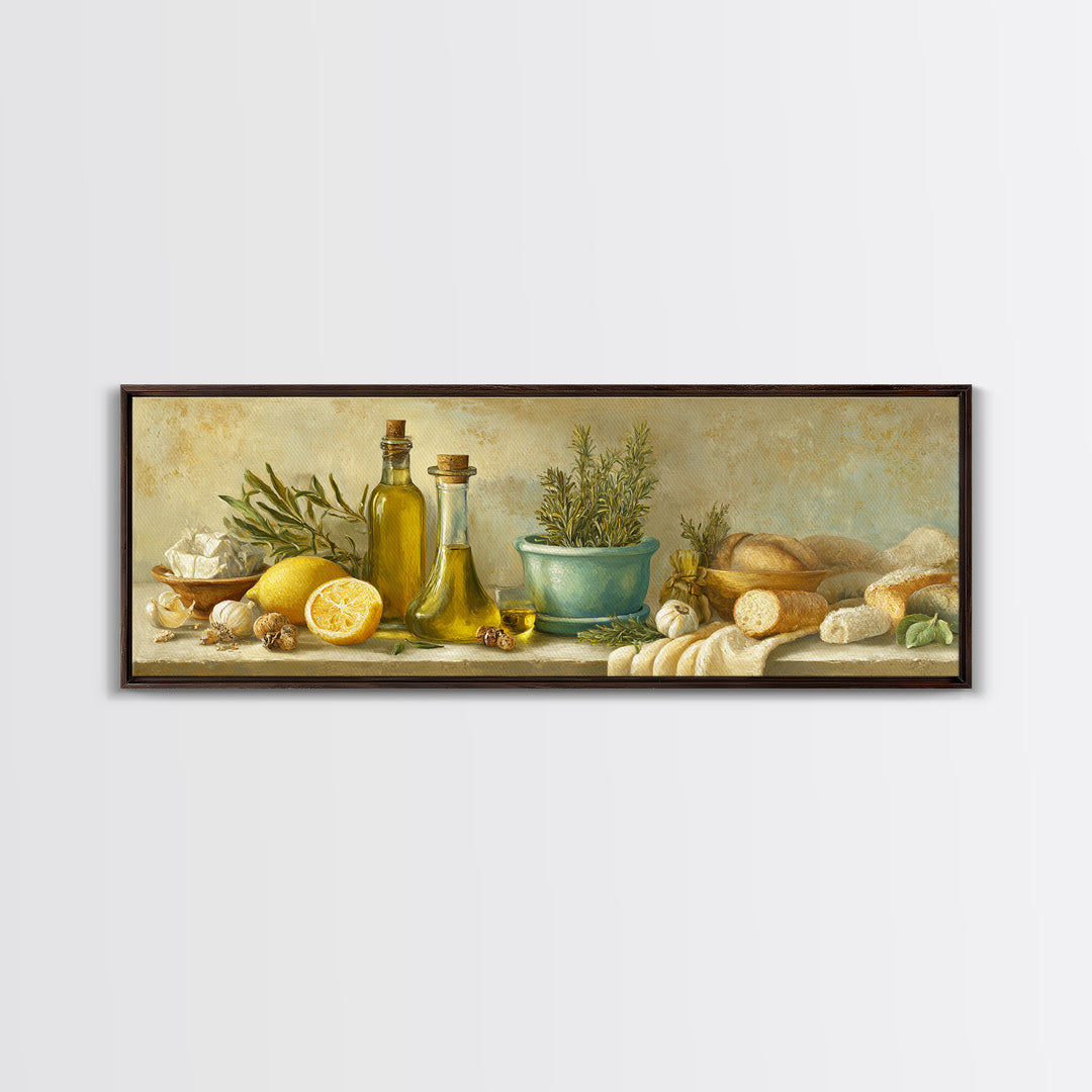 Olive Oil Bottle and Rosemary Branch Framed Canvas Print, Kitchen Art, Trendy Wall Art, Kitchen Decor, Fine Art, Kitchen, KIT-3x1-69