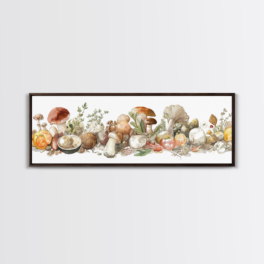 Mushrooms and Thyme Botanical Study Framed Canvas Print, Kitchen Art, Neutral Decor, Kitchen Decor, Fine Art, Kitchen, KIT-3x1-7