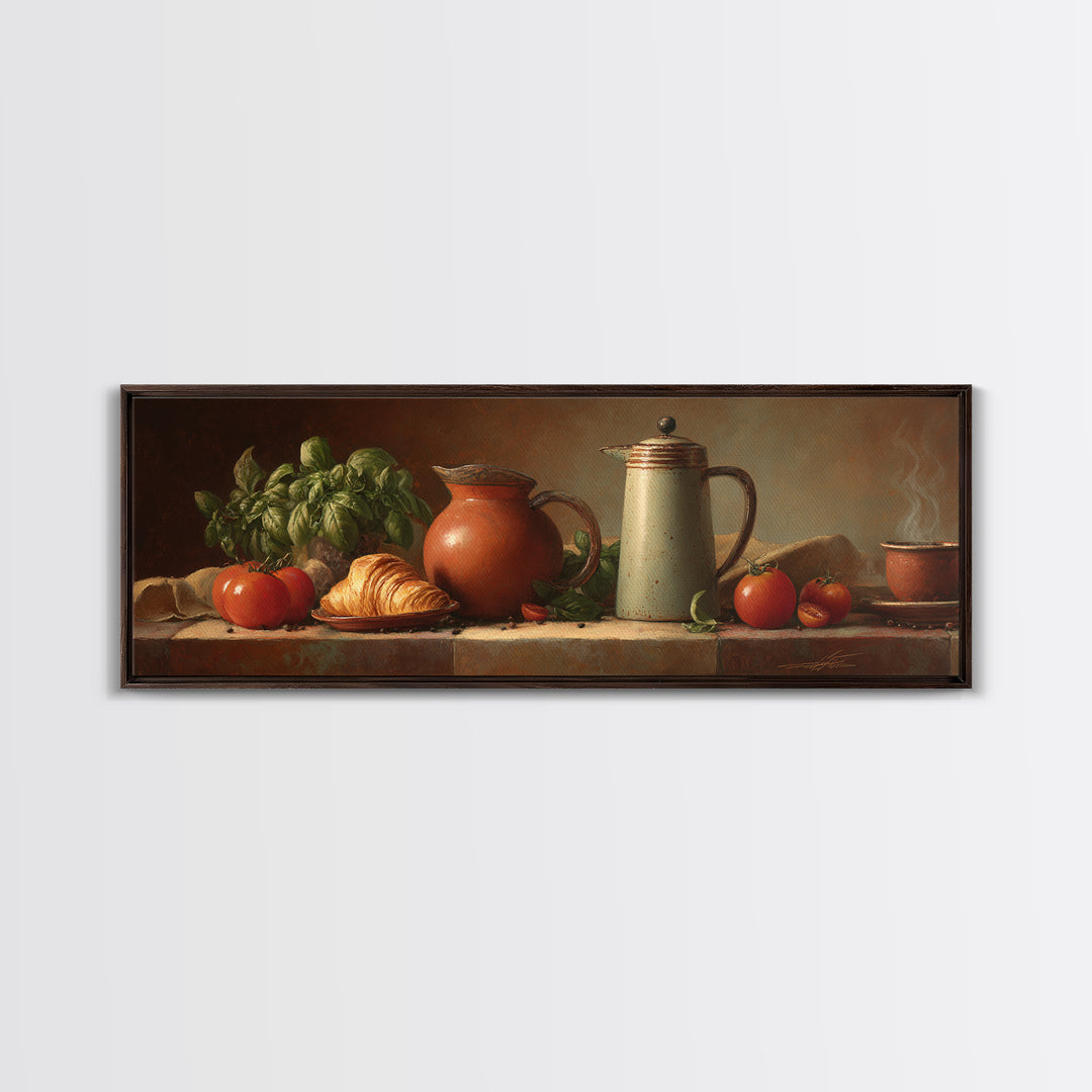 Coffee Pot and Croissant Morning Still Life Canvas Print, Kitchen Art, Printable Wall Art, Kitchen Decor, Fine Art, Kitchen, KIT-3x1-71
