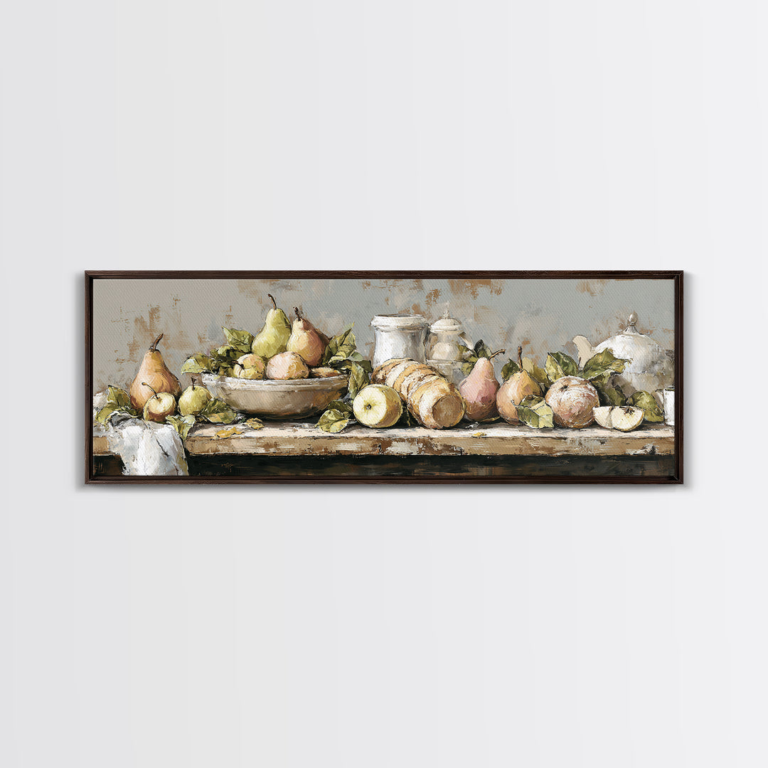 Farmhouse Pears on a Wooden Board Framed Canvas Print, Kitchen Art, Dining Room Wall Art, Kitchen Decor, Fine Art, Kitchen, KIT-3x1-73