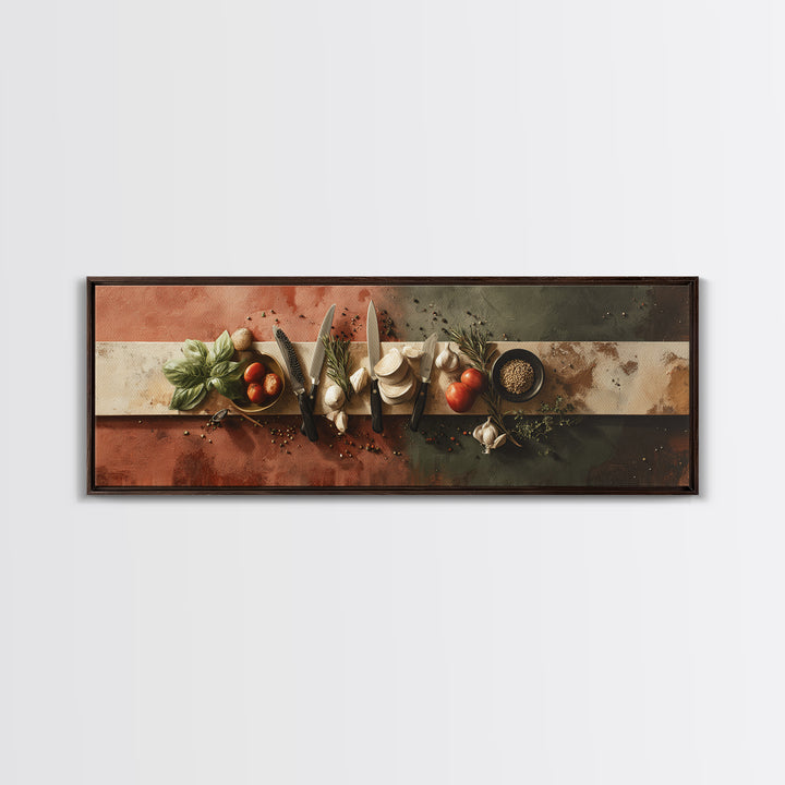 Chef Knives and Herbs Arranged as Graphic Framed Canvas Print, Kitchen Art, Kitchen Decor, Oil Painting, Kitchen, KIT-3x1-74