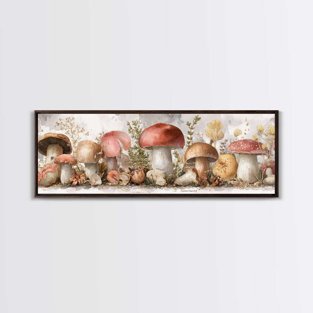 Mushrooms and Thyme Botanical Study Framed Canvas Print, Kitchen Art, Art Deco, Kitchen Decor, Watercolor Art, Kitchen, KIT-3x1-79