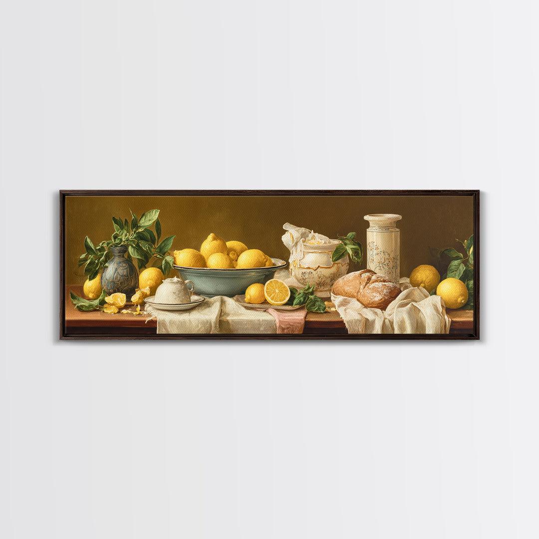 Pasta Lemons and Basil Mediterranean Still Life Framed Canvas Print, Kitchen Art, Coffee Art, Kitchen Decor, Fine Art, Kitchen, KIT-3x1-81