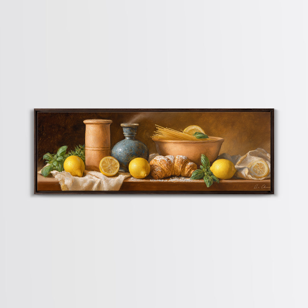 Pasta Lemons and Basil Mediterranean Still Life Framed Canvas Print, Kitchen Art, Digital Wall Art, Kitchen Decor, Kitchen, KIT-3x1-9