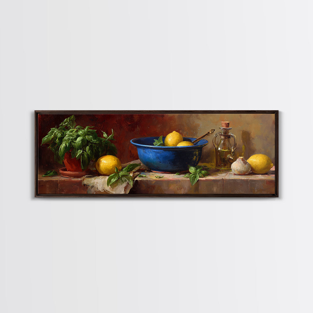 Lemons and Blue Ceramic Bowl Still Life Framed Canvas Print, Kitchen Art, Minimalist Wall Art, Kitchen Decor, Fine Art, Kitchen, KIT-3x1-90