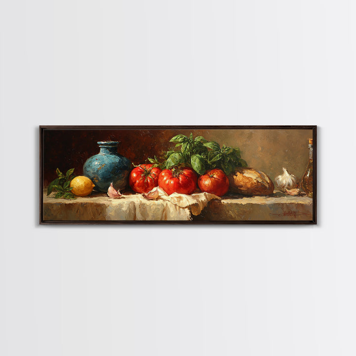 Tomatoes Garlic and Basil on Linen Canvas Print, Kitchen Art, Room Decor, Kitchen Decor, Abstract Art, Kitchen, Digital Art, KIT-3x1-91