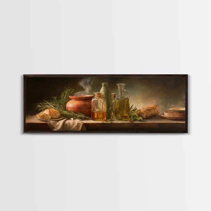 Olive Oil Bottle and Rosemary Branch Canvas Print, Kitchen Art, Bar Cart Decor, Kitchen Decor, Oil Painting, Kitchen, KIT-3x1-93