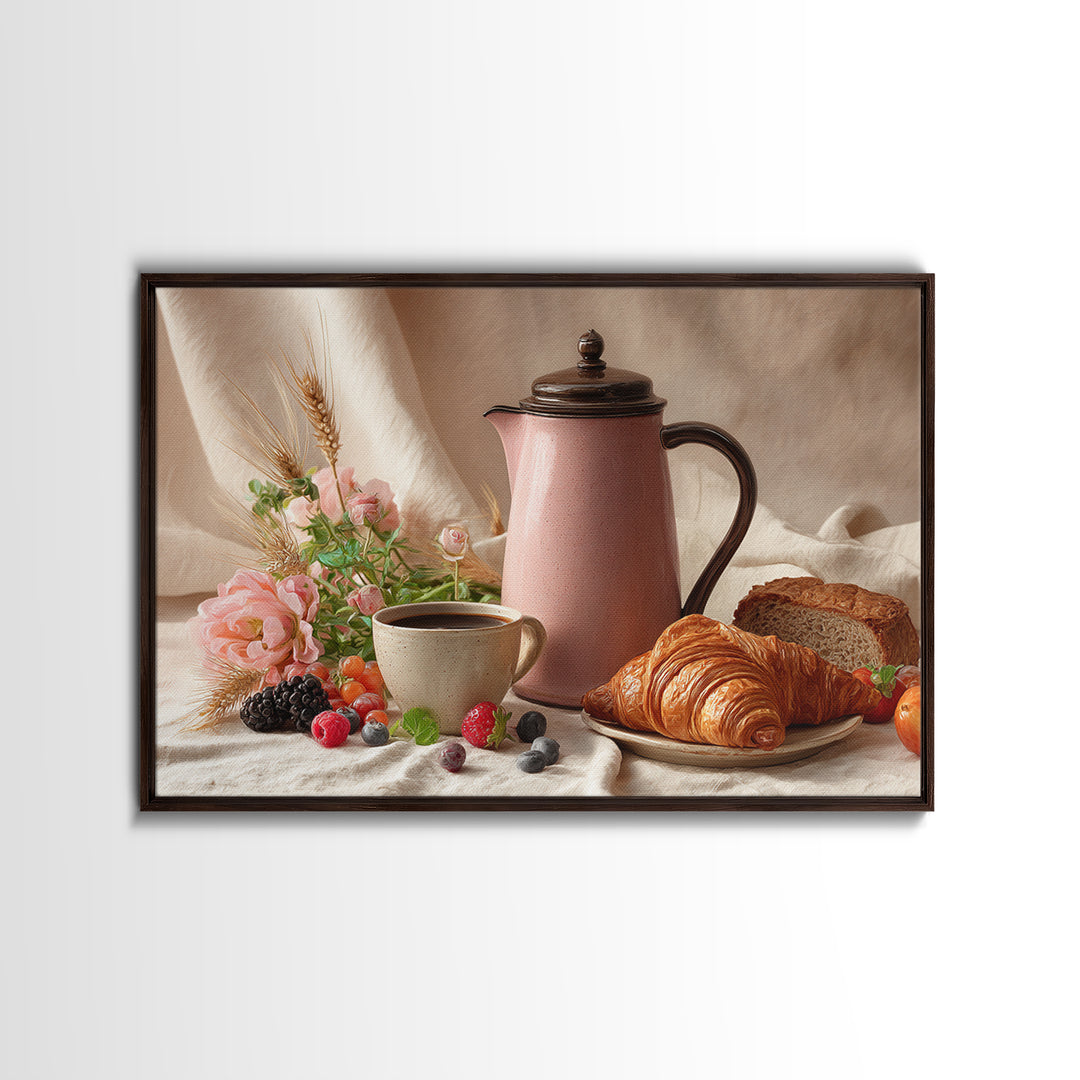 Coffee Pot and Croissant Morning Still Life Canvas Print, Kitchen Art, Coffee Art, Kitchen Decor, Kitchen, Fine Art Print, KIT-3x2-11