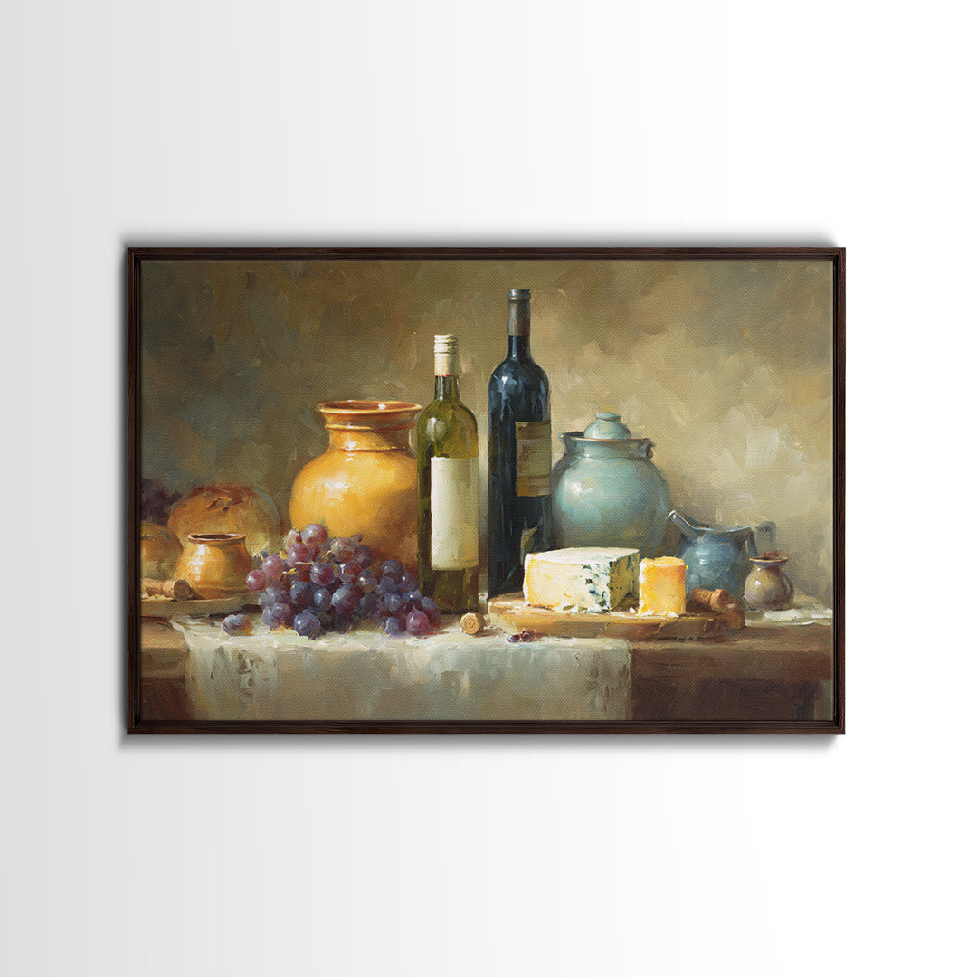 Wine Bottle Grapes and Cheese Still Life Canvas Print, Kitchen Art, Digital Print, Kitchen Decor, Watercolor Art, Kitchen, KIT-3x2-16