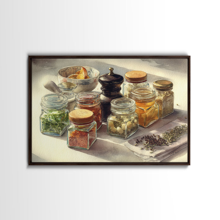 Watercolor Spice Jars Without Readable Labels Canvas Print, Kitchen Art, Kitchen Decor, Fine Art, Kitchen, Kitchen Art Print, KIT-3x2-17