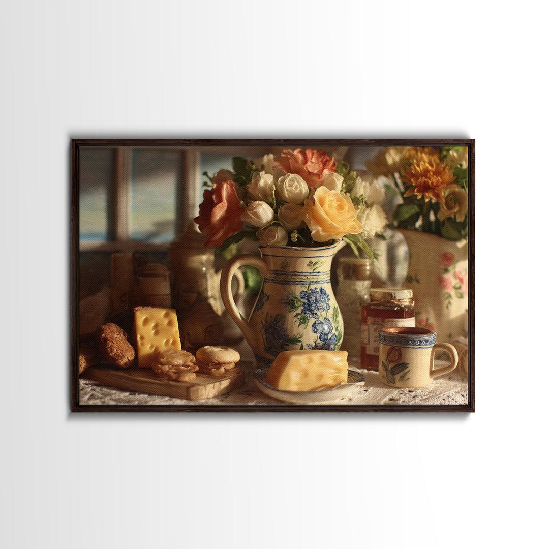 Floral Bouquet in a Kitchen Pitcher Framed Canvas Print, Kitchen Art, Art Deco, Kitchen Decor, Fine Art, Kitchen, Poster Art, KIT-3x2-28