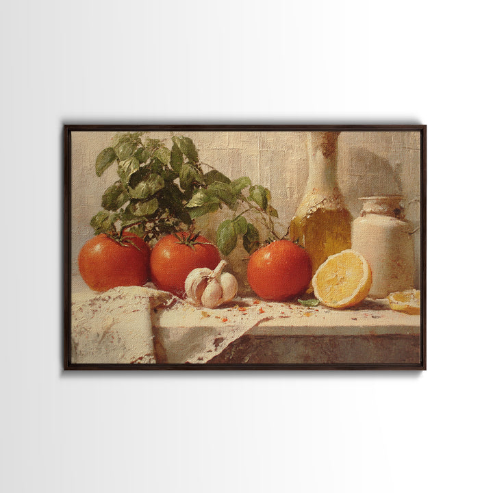 Tomatoes Garlic and Basil on Linen Framed Canvas Print, Kitchen Art, Trendy Wall Art, Kitchen Decor, Abstract Art, Kitchen, KIT-3x2-31