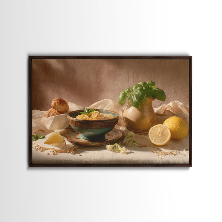 Pasta Lemons and Basil Mediterranean Still Life Framed Canvas Print, Kitchen Art, Poster Art, Kitchen Decor, Fine Art, Kitchen, KIT-3x2-45