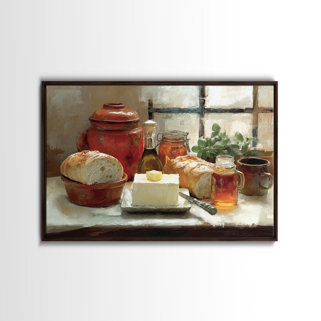 Fresh Bread with Butter and Honey Framed Canvas Print, Kitchen Art, Printable Art, Kitchen Decor, Kitchen, Coffee Wall Art, KIT-3x2-46