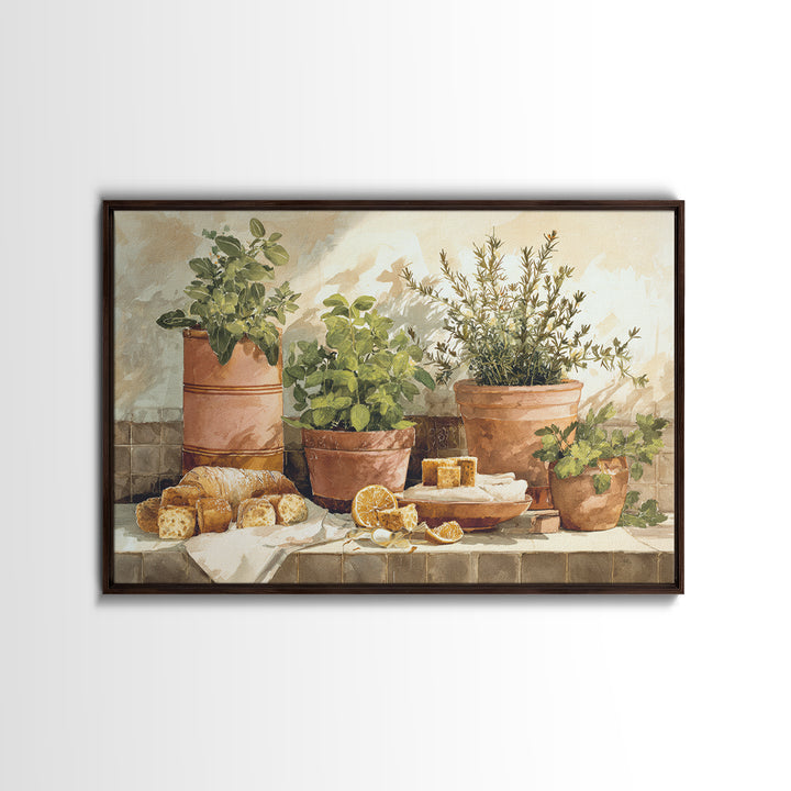 Fresh Herbs in Terracotta Pots Framed Canvas Print, Kitchen Art, Modern Art, Kitchen Decor, Fine Art, Kitchen, Neutral Decor, KIT-3x2-5