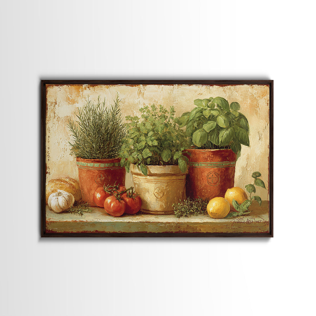 Fresh Herbs in Terracotta Pots Canvas Print, Kitchen Art, Dining Room Wall Art, Kitchen Decor, Fine Art, Kitchen, Luxury Decor, KIT-3x2-53