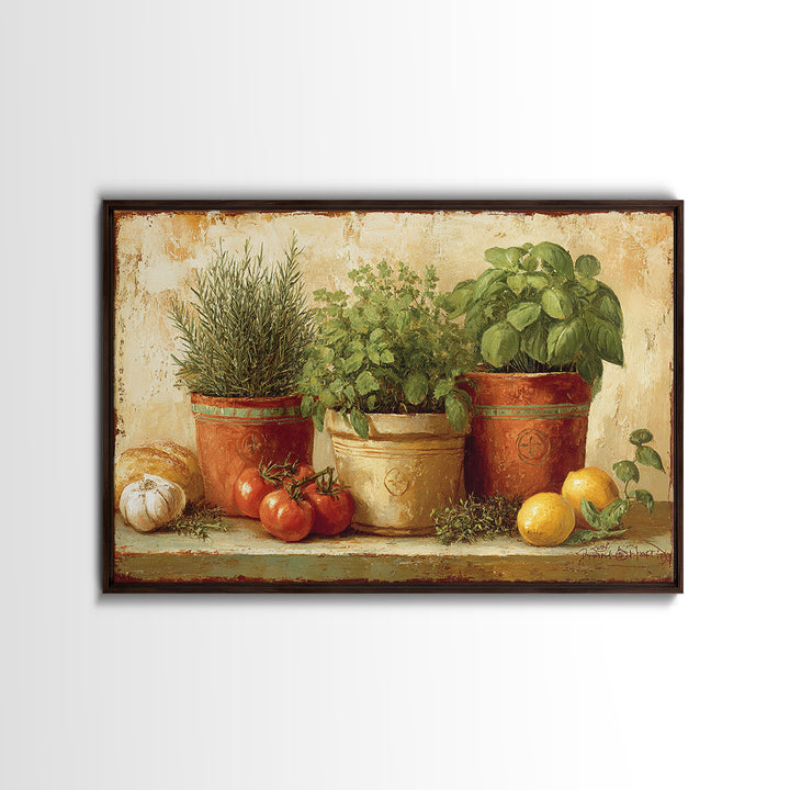 Fresh Herbs in Terracotta Pots Canvas Print, Kitchen Art, Dining Room Wall Art, Kitchen Decor, Fine Art, Kitchen, Luxury Decor, KIT-3x2-53