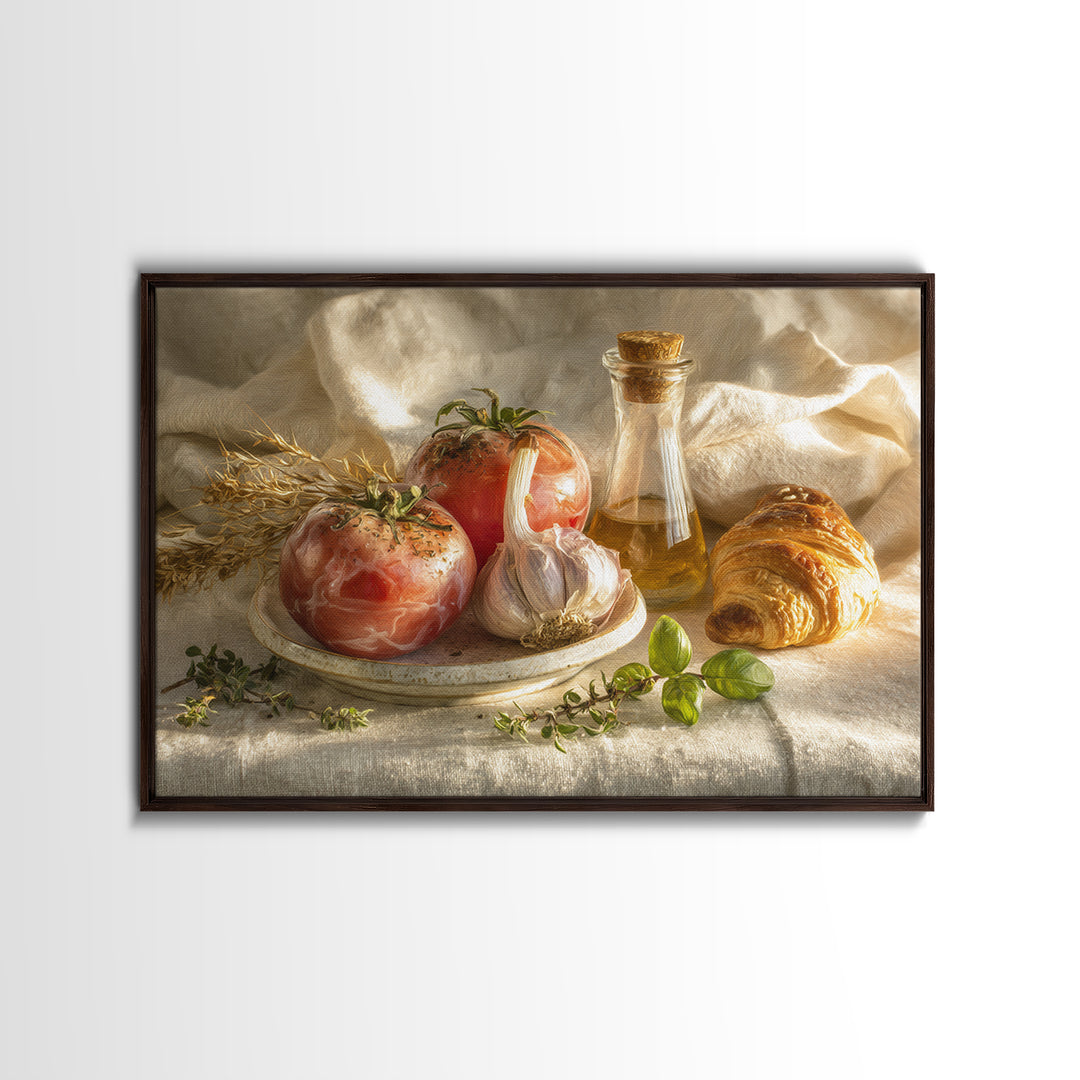 Tomatoes Garlic and Basil on Linen Framed Canvas Print, Kitchen Art, Kitchen, Kitchen Decor, Abstract Art, Kitchen, KIT-3x2-55