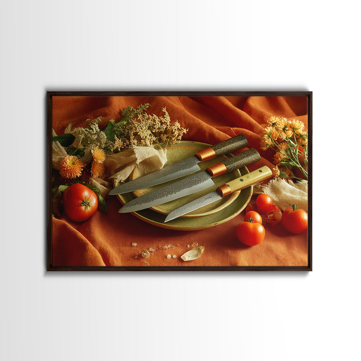Chef Knives and Herbs Arranged as Graphic Canvas Print, Kitchen Art, Kitchen Wall Art, Kitchen Decor, Fine Art, Kitchen, KIT-3x2-62