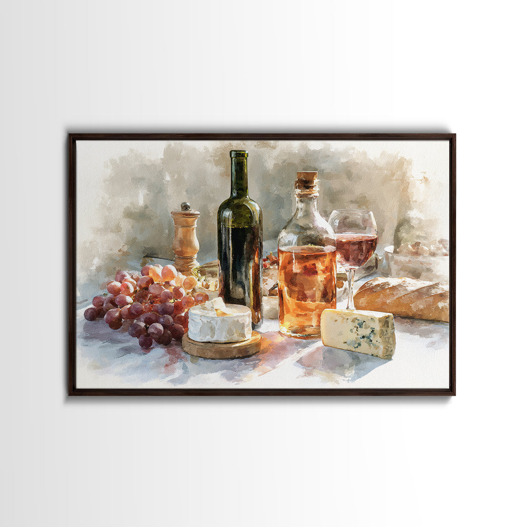 Wine Bottle Grapes and Cheese Still Life Framed Canvas Print, Kitchen Art, Gallery Decor, Kitchen Decor, Abstract Art, Kitchen, KIT-3x2-64