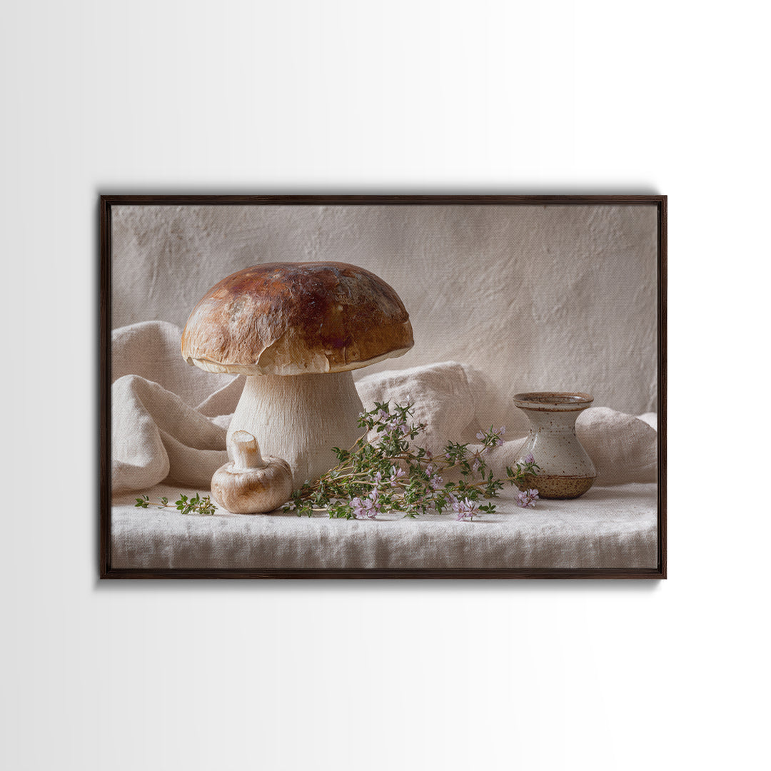 Mushrooms and Thyme Botanical Study Canvas Print, Kitchen Art, Textured Painting, Kitchen Decor, Watercolor Art, Kitchen, KIT-3x2-67