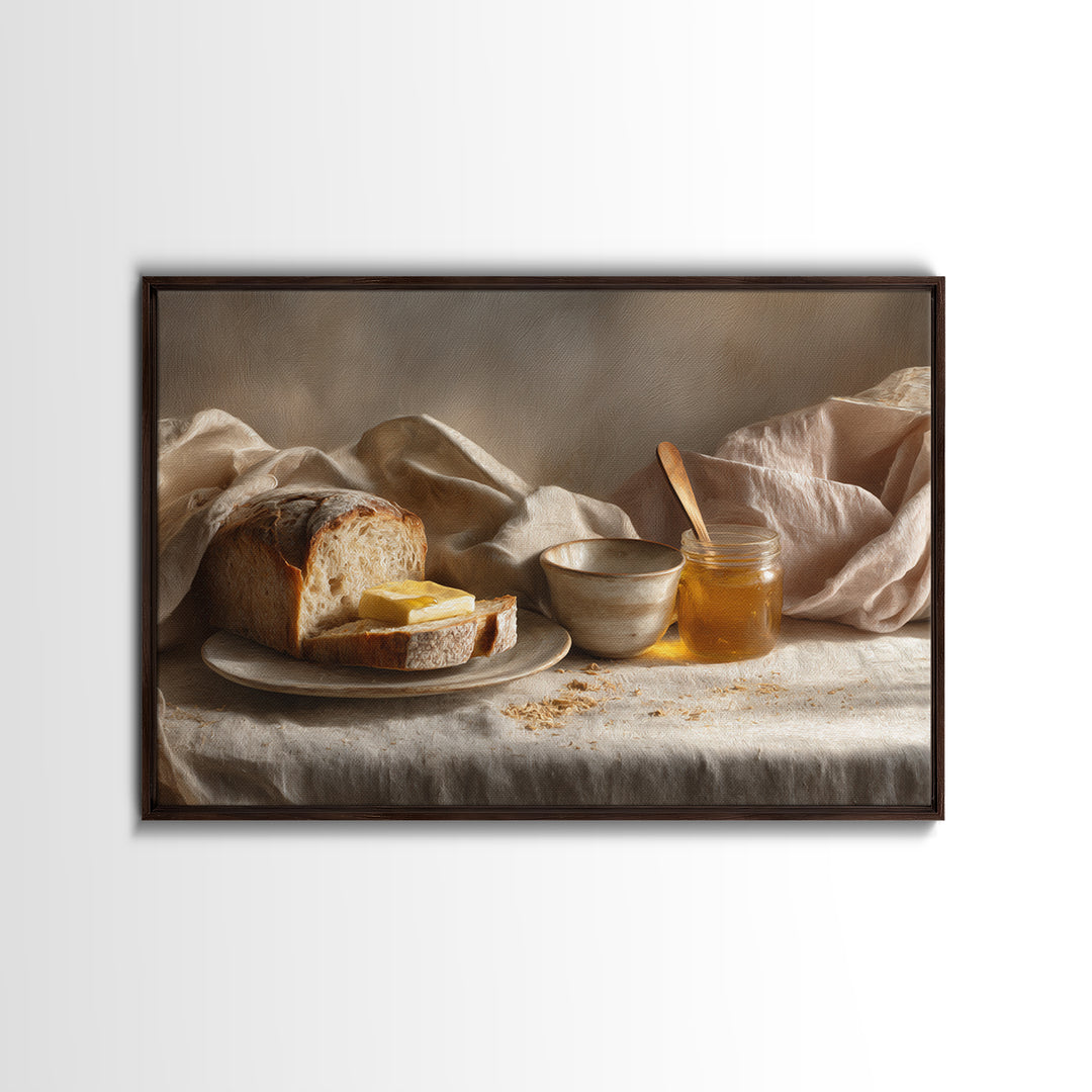Fresh Bread with Butter and Honey Framed Canvas Print, Kitchen Art, Printable Art, Kitchen Decor, Kitchen, Coffee Wall Art, KIT-3x2-70
