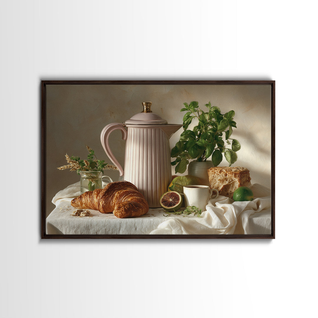 Coffee Pot and Croissant Morning Still Life Canvas Print, Kitchen Art, Wall Art, Kitchen Decor, Kitchen, Kitchen Wall Art, KIT-3x2-83