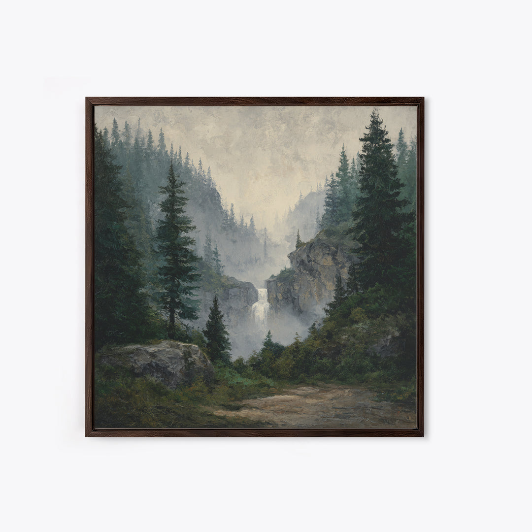 Waterfall Hidden in Dense Forest Framed Canvas Print, Landscape Art, Decor, Living Room Decor, Oil Painting, Horizon, LAN-1x1-12