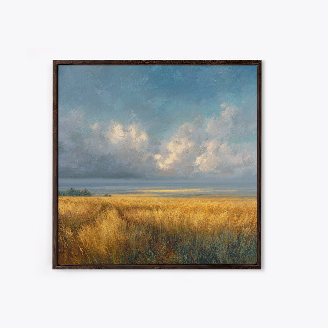 Golden Wheat Field Beneath Huge Clouds Framed Canvas Print, Landscape Art, Wall Art Print, Living Room Decor, Fine Art, Horizon, LAN-1x1-24