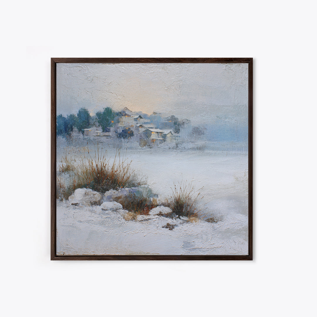 Snow Covered Alpine Village at Dusk Canvas Print, Landscape Art, Abstract Wall Art, Living Room Decor, Fine Art, Horizon, LAN-1x1-31