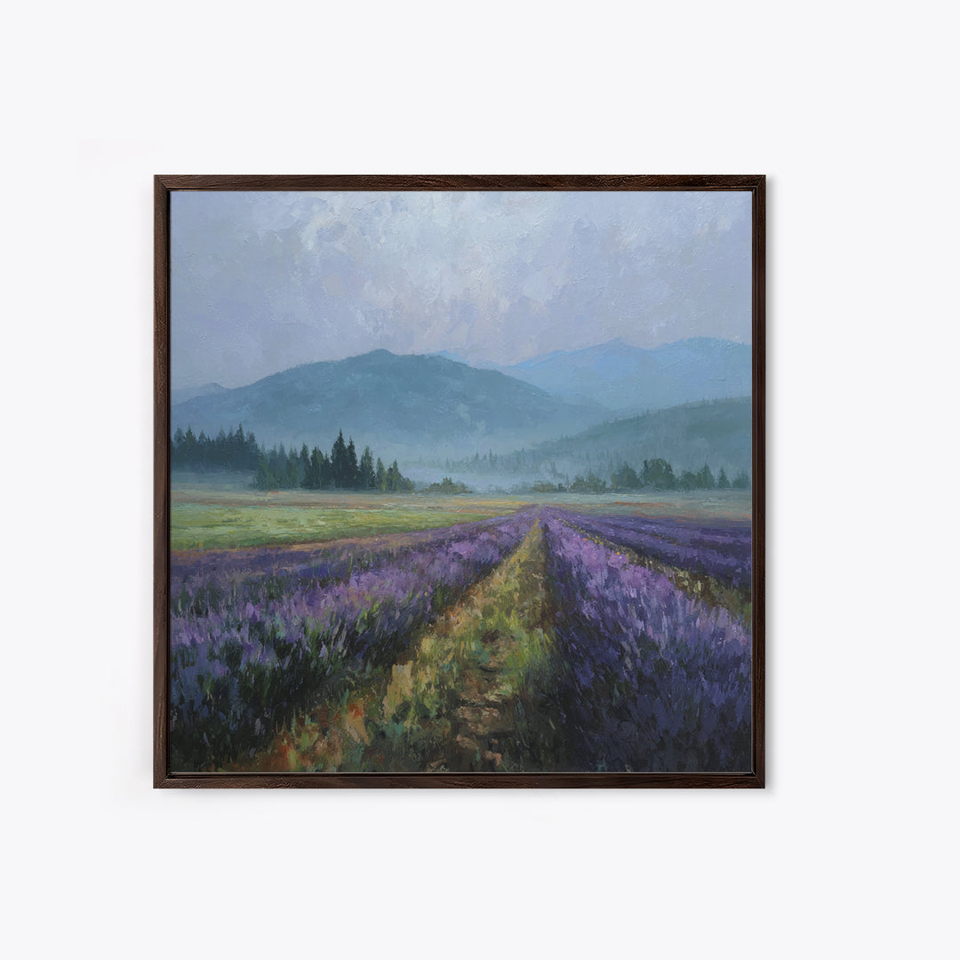 Lavender Field Leading to Distant Hills Framed Canvas Print, Landscape Art, Modern Art, Living Room Decor, Watercolor Art, LAN-1x1-34