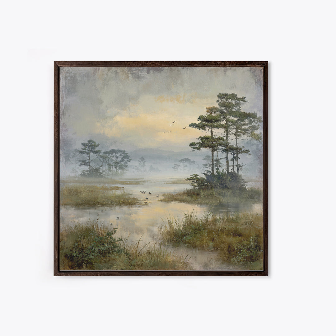 Misty Cypress Swamp Framed Canvas Print, Landscape Art, Living Room Wall Art, Living Room Decor, Oil Painting, Horizon, LAN-1x1-46