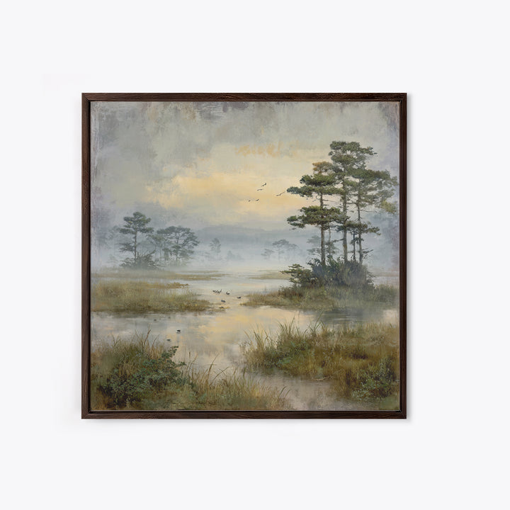 Misty Cypress Swamp Framed Canvas Print, Landscape Art, Living Room Wall Art, Living Room Decor, Oil Painting, Horizon, LAN-1x1-46