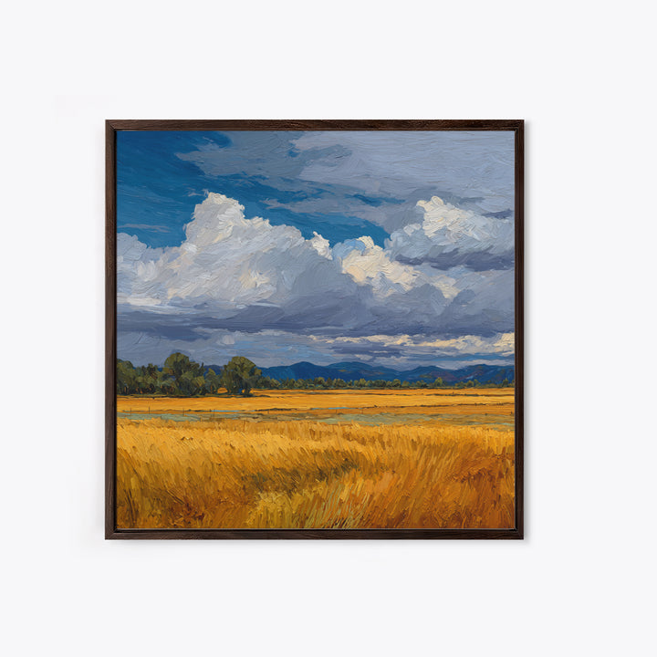 Golden Wheat Field Beneath Huge Clouds Framed Canvas Print, Landscape Art, Decor, Living Room Decor, Oil Painting, Horizon, LAN-1x1-48