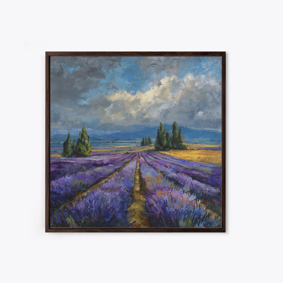 Lavender Field Leading to Distant Hills Framed Canvas Print, Landscape Art, Modern Art, Living Room Decor, Watercolor Art, LAN-1x1-58