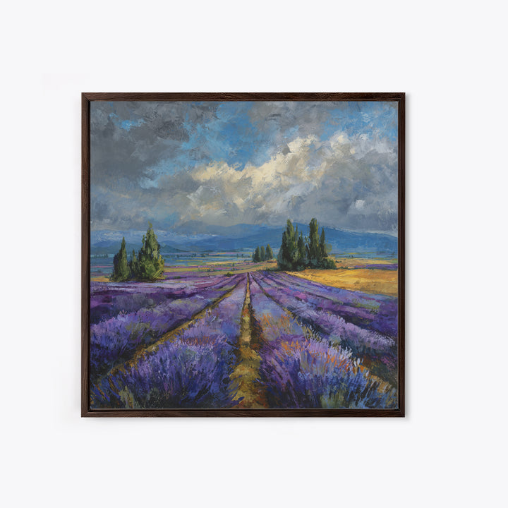 Lavender Field Leading to Distant Hills Framed Canvas Print, Landscape Art, Modern Art, Living Room Decor, Watercolor Art, LAN-1x1-58