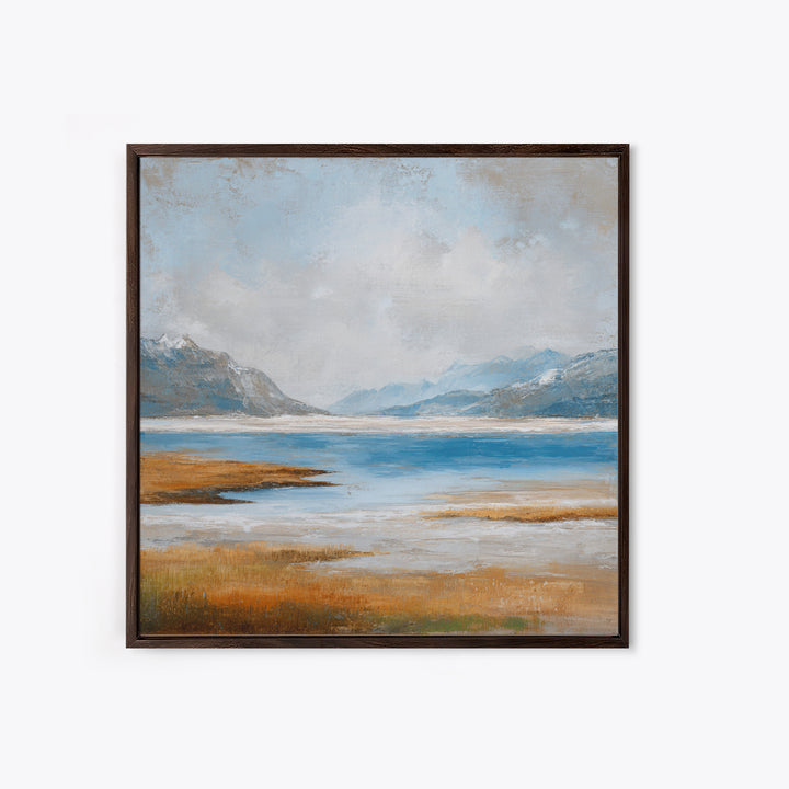 Fjord Landscape with Icy Blue Water Framed Canvas Print, Landscape Art, Neutral Decor, Living Room Decor, Oil Painting, Horizon, LAN-1x1-63