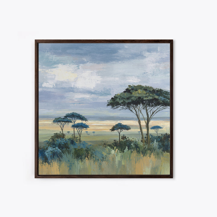 Wide Savanna with Acacia Silhouette Framed Canvas Print, Landscape Art, Modern Decor, Living Room Decor, Fine Art, Horizon, LAN-1x1-67
