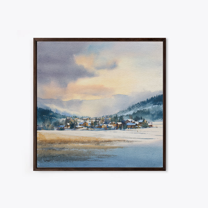 Snow Covered Alpine Village at Dusk Framed Canvas Print, Landscape Art, Framed Wall Art, Living Room Decor, Oil Painting, LAN-1x1-7