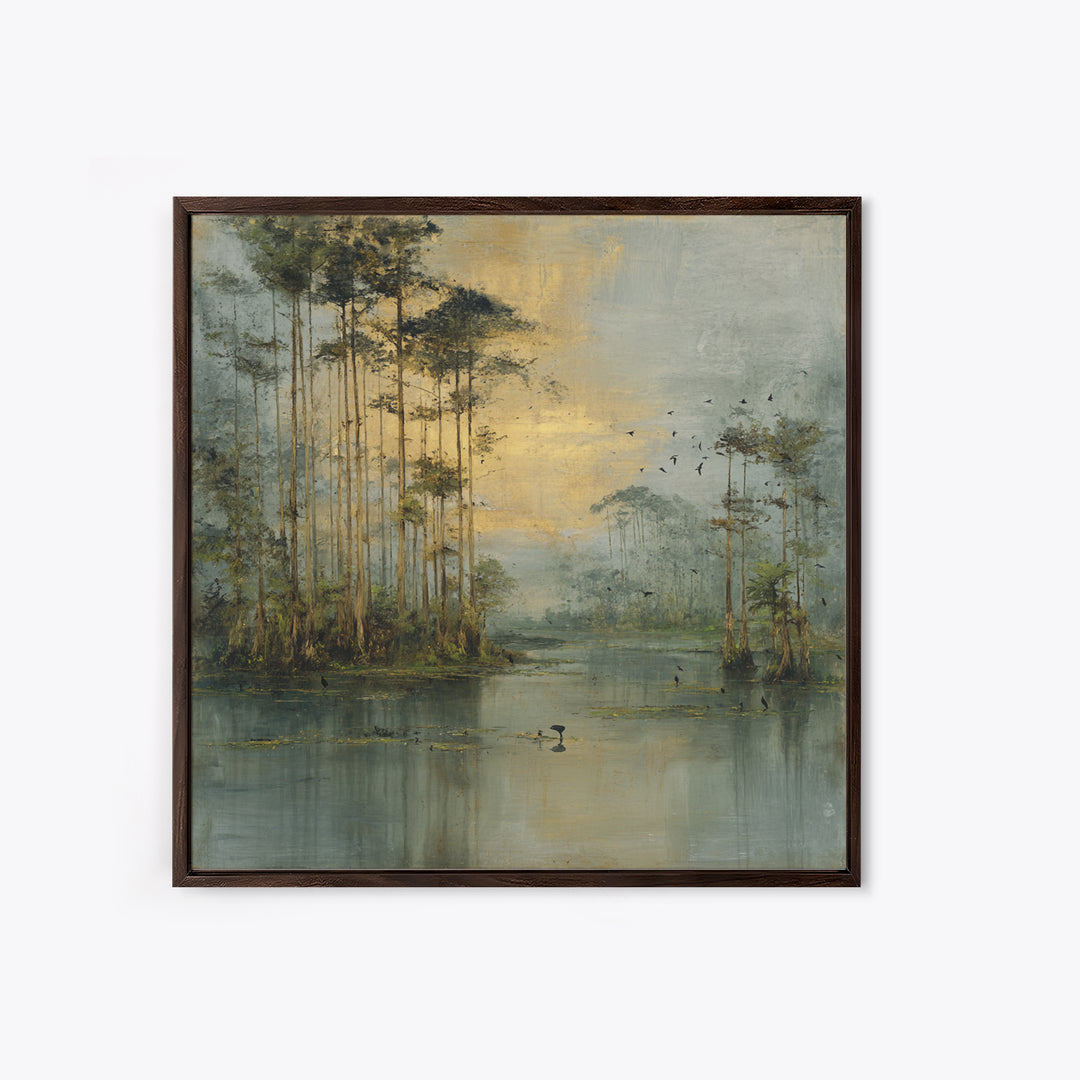 Misty Cypress Swamp Framed Canvas Print, Landscape Art, Living Room Wall Art, Living Room Decor, Oil Painting, Horizon, LAN-1x1-70