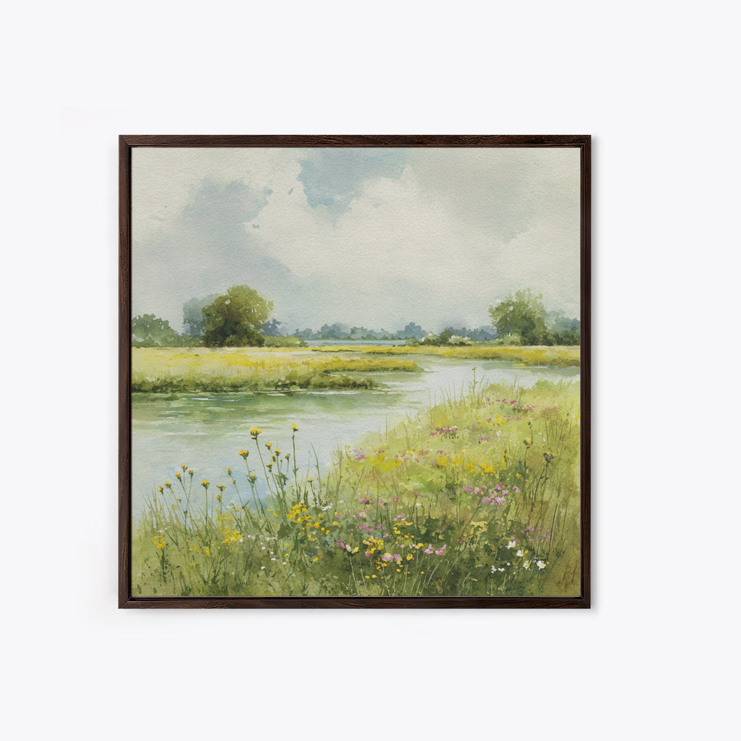 Sunlit Meadow with Wildflowers Canvas Print, Landscape Art, Minimalist Decor, Living Room Decor, Oil Painting, Horizon, LAN-1x1-85