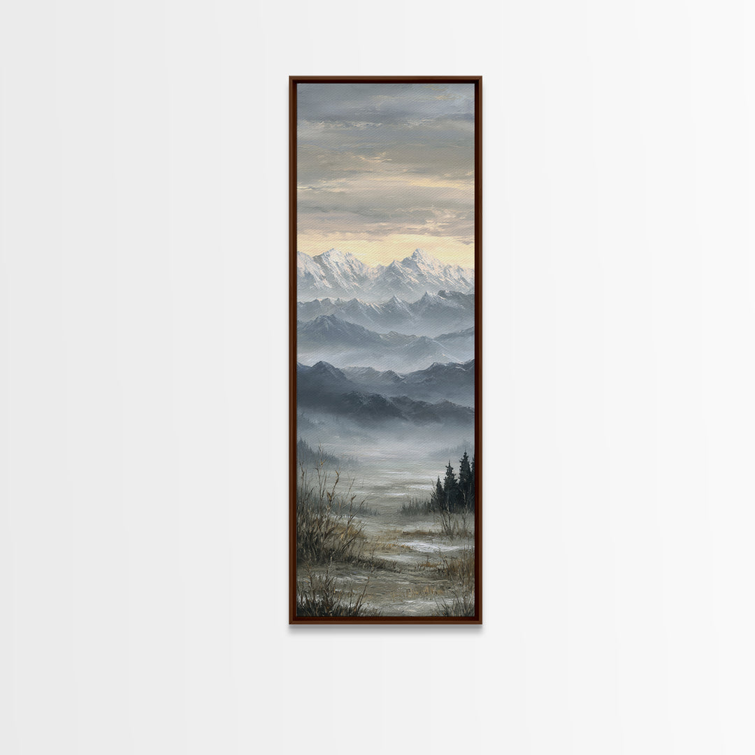 Snow Covered Alpine Village at Dusk Framed Canvas Print, Landscape Art, Framed Wall Art, Living Room Decor, Oil Painting, LAN-1x3-19
