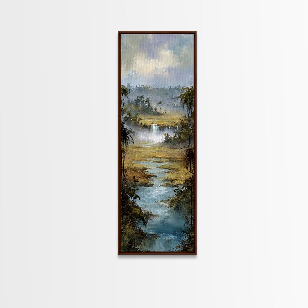 Tropical Jungle Waterfall Framed Canvas Print, Landscape Art, Minimalist Decor, Living Room Decor, Oil Painting, Horizon, LAN-1x3-4